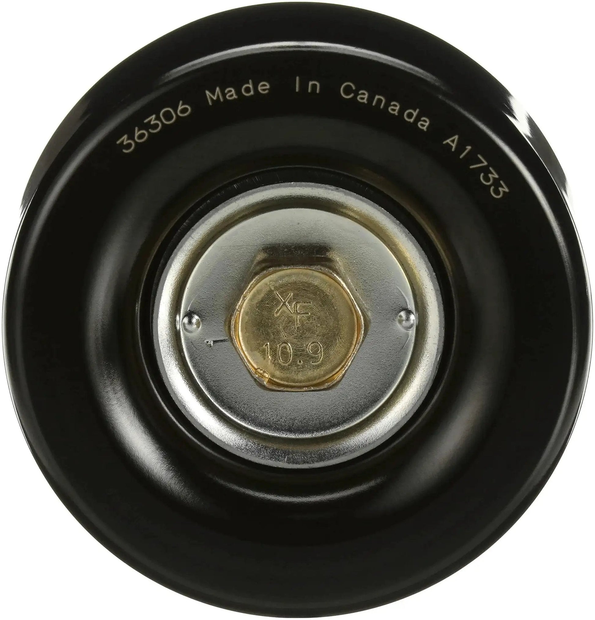 Front view of DriveAlign Belt Drive Idler Tensioner Pulley 36306 For Cars And Trucks By Gates, steel construction, Canada made.