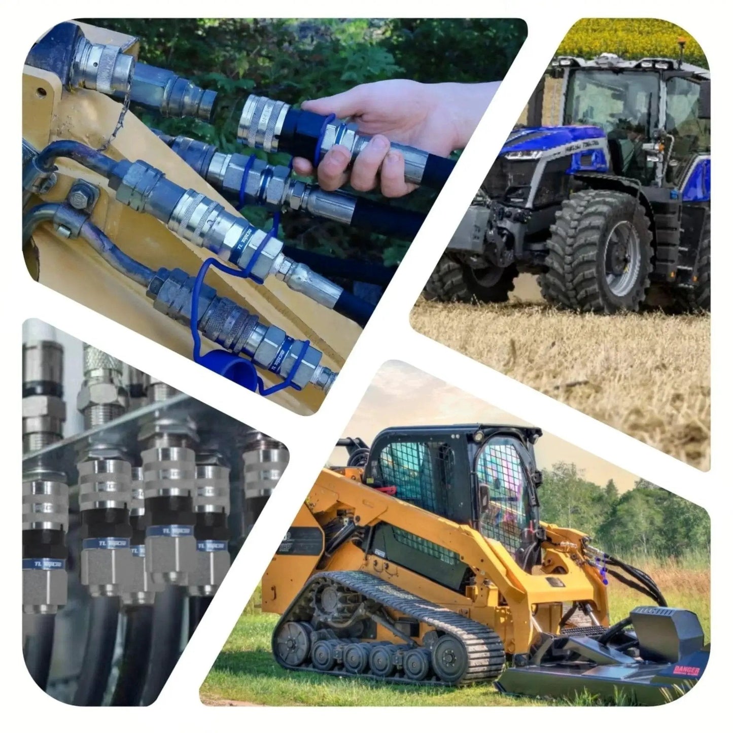 Flat Face Hydraulic Quick Connect Coupler Set For Skid Steer Bobcat Attachments One Half Inch Body With Three Quarter Inch SAE O Ring Boss Thread ISO 16028 Heavy Duty TL22 Blue Dust Caps shown in use on construction and farm equipment.