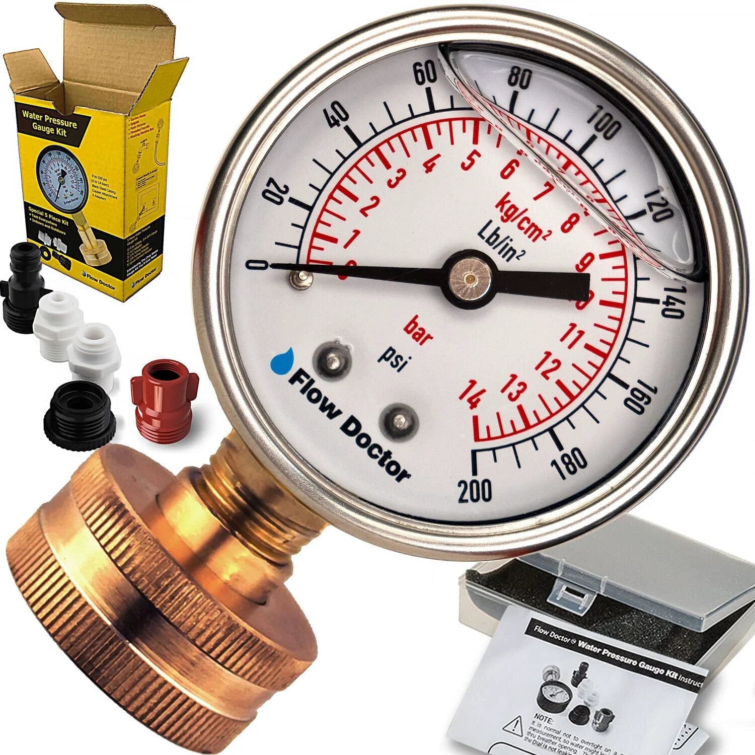 All Purpose Pro Grade Water Pressure Gauge Kit With Glycerin Filled Gauge Flow Doctor 0 To 200 Psi, Six Piece Set displayed