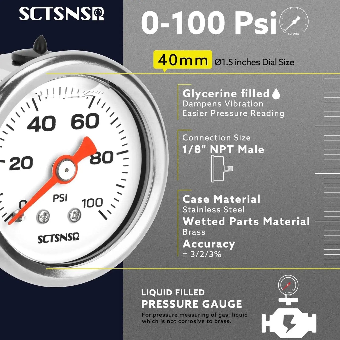 Inline Low Pressure Fuel Gauge For Oil Water And Air With One And A Half Inch Dial Glycerin Filled Stainless Steel Case Back Mount