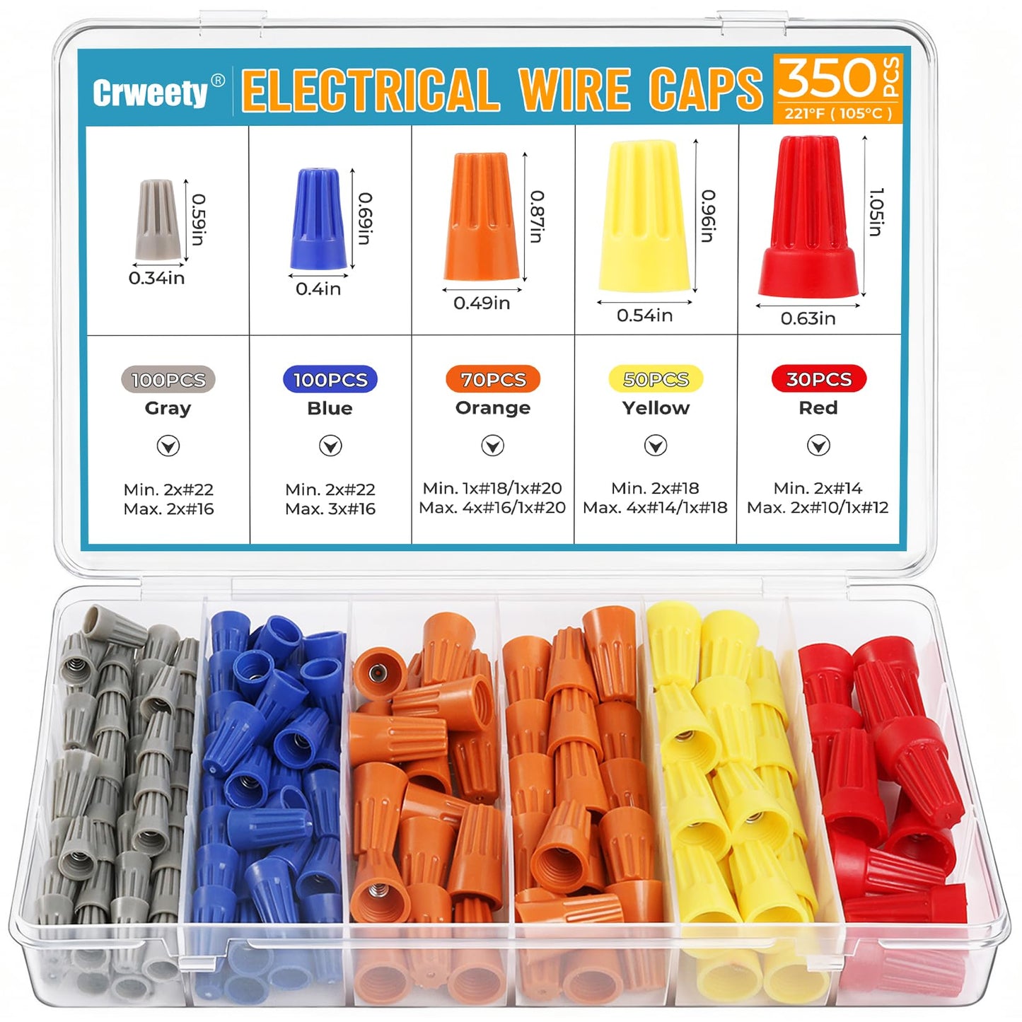 350 Pcs Wire Connectors Kit With Assorted Color Caps For Quick Connect Electrical Wiring, Nylon Shells And Metal Springs, Includes Grey Blue Orange Yellow Red, The Ultimate DIY Home And Auto Wiring Kit