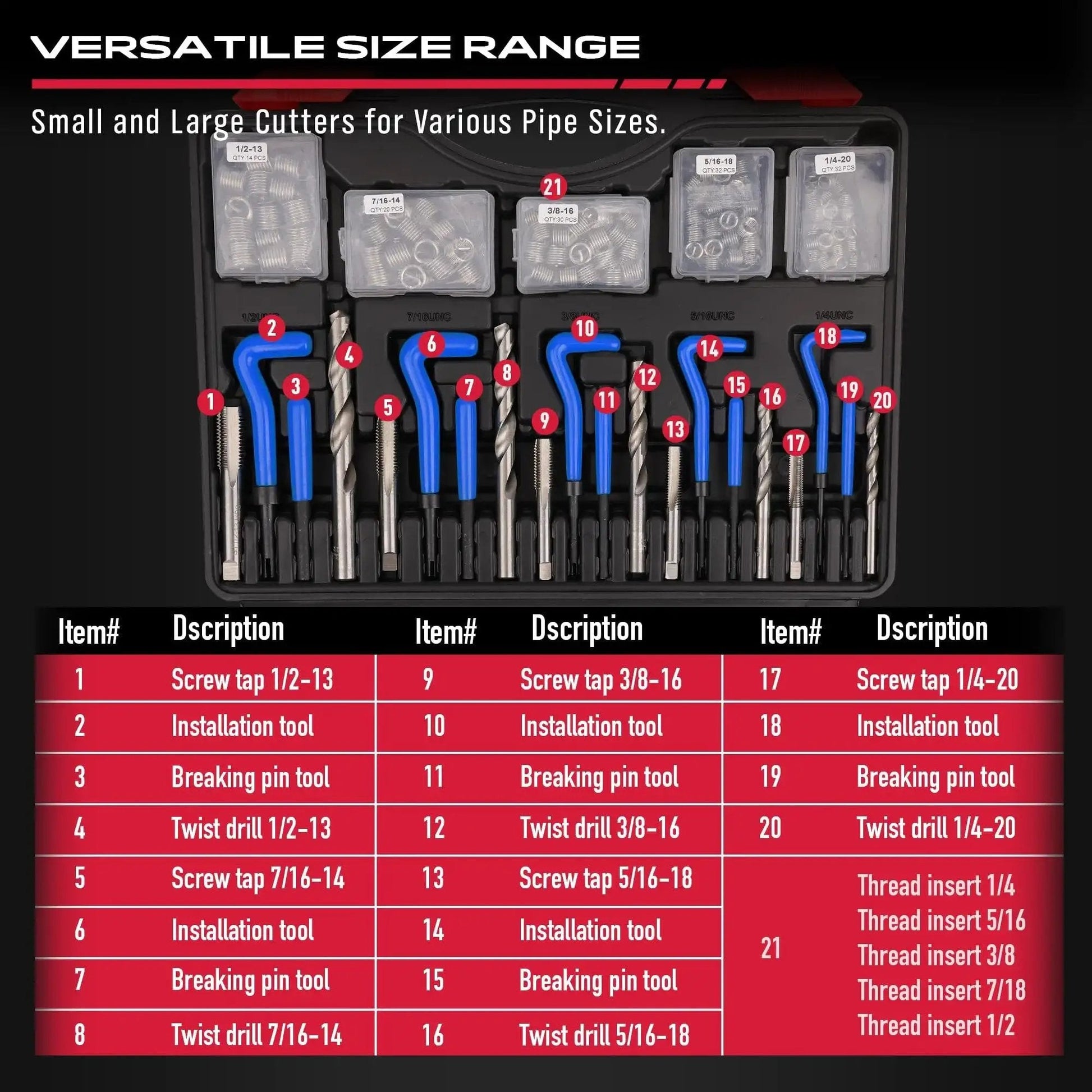 Thread Repair Kit 320-Piece Universal Metric SAE Rethread Tool Set For Engines with taps, drills, and installation tools in case.