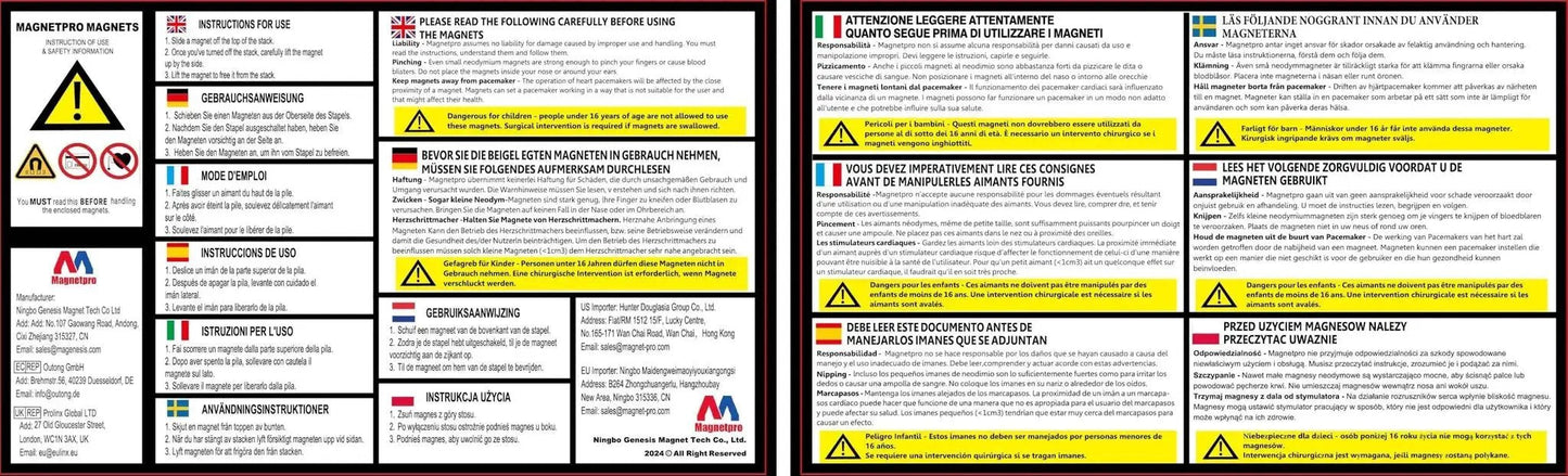 Product warning labels for Switchable Magnetic Lifter With 220 Lb Pull Off For Lifting And Positioning in multiple languages.