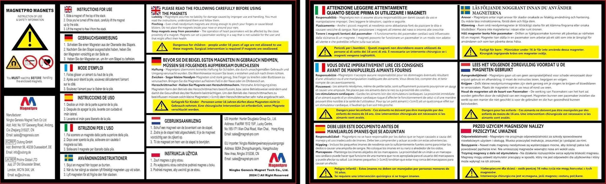 Product warning labels for Switchable Magnetic Lifter With 220 Lb Pull Off For Lifting And Positioning in multiple languages.