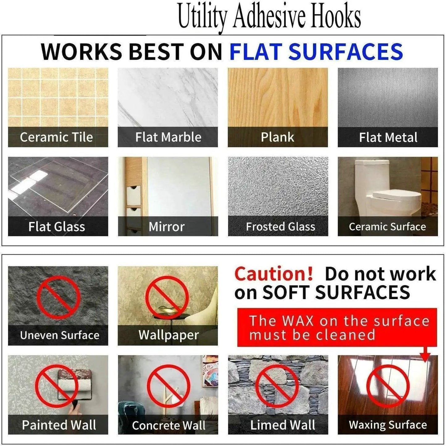 Surface compatibility chart for Heavy Duty Self Adhesive Hooks 33Lb Max Transparent Waterproof Wall Hooks.