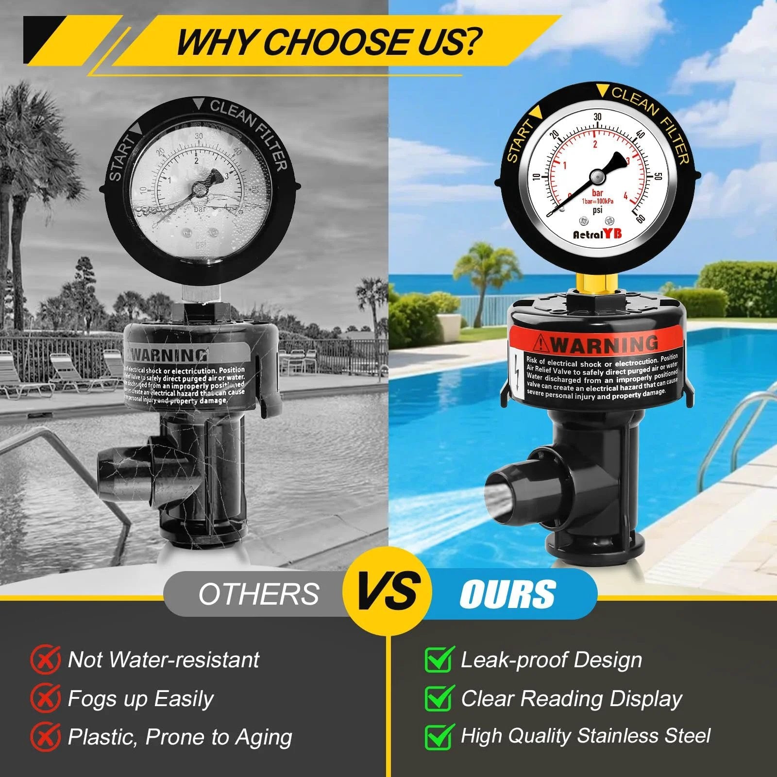 Comparison of two pool filter air relief valves with waterproof stainless steel pressure gauges, showcasing leak-proof design.