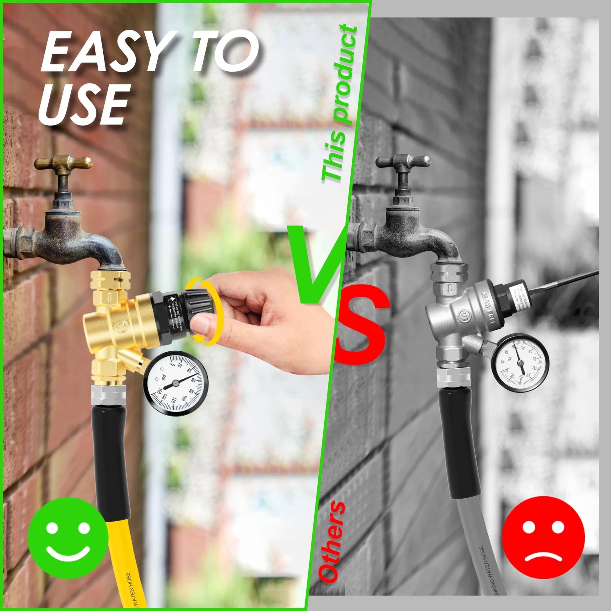 Comparison of Brass Lead Free RV Water Pressure Regulator With Gauge And Inlet Filter for campers showing easy installation.