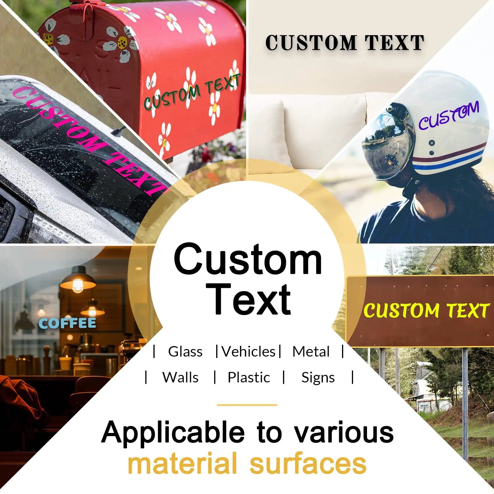 Personalized Vinyl Letter Stickers For Cars Trucks Boats And More In 20 Colors And 20 Fonts Custom Name Decal Available In 5 To 100 Inch Sizes For Dashboards Doors Windshields And More displayed on various surfaces like vehicles, glass, and walls.
