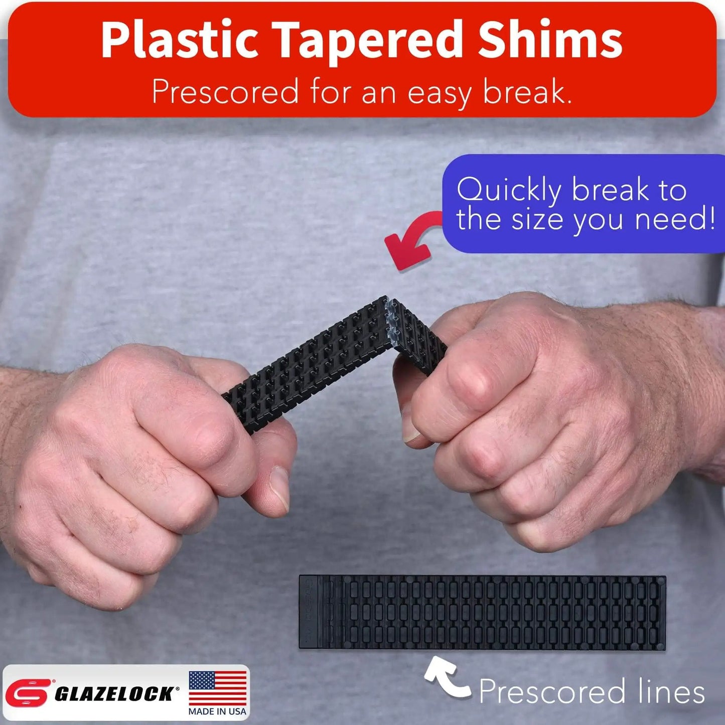 Person snapping Prescored Plastic Shims For Leveling 12 Pack Quick Snap Wedges To Level Doors Windows Cabinets Toilet Shims