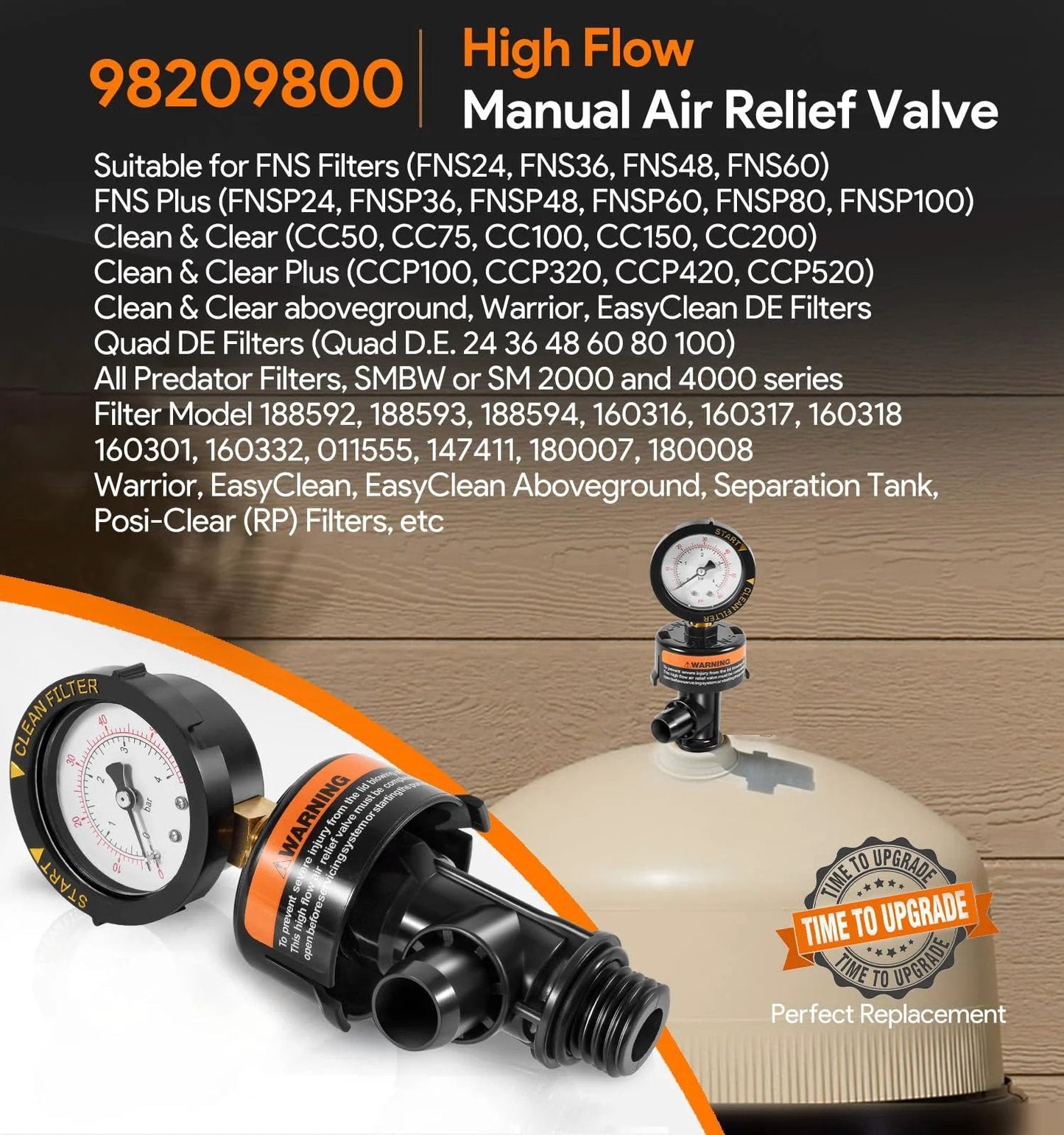 High Flow Manual Air Relief Valve With Pressure Gauge Top Mount Replacement For Pool And Spa Filters Fits Pentair FNS And Clean And Clear Series, shown installed on filter system.