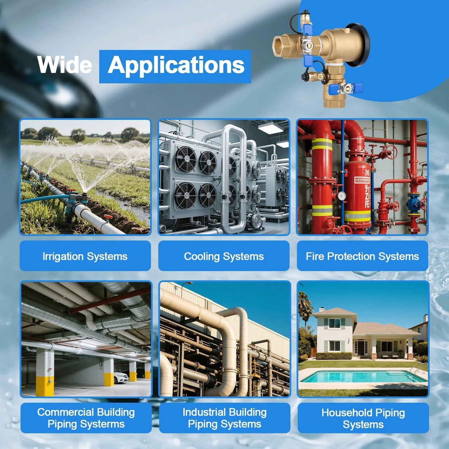 Heavy Duty Three Quarter Inch Brass Pressure Vacuum Breaker Assembly Backflow Preventer for Lawn Irrigation Systems shown in various applications