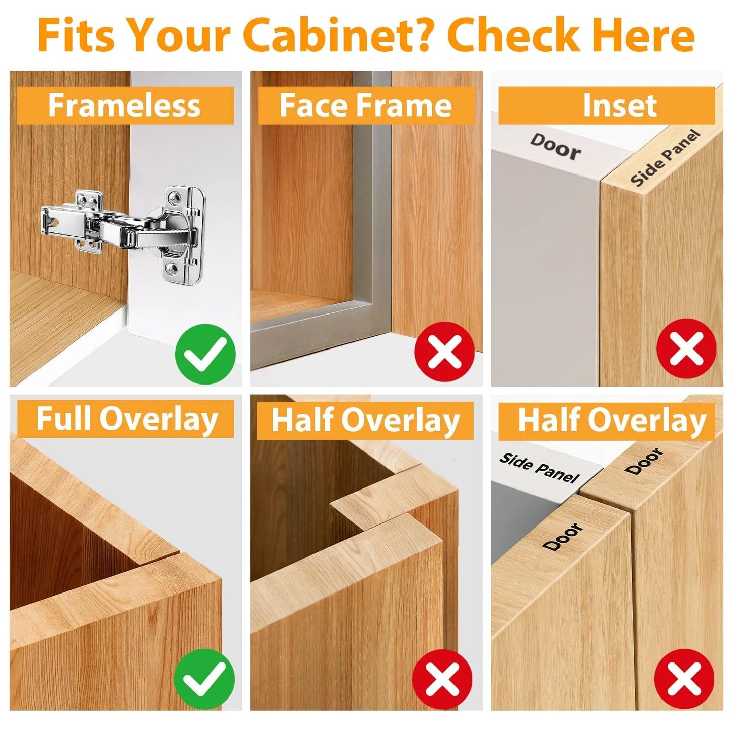 Diagram showing different cabinet types with frameless, face frame, and inset, and full overlay, half overlay examples.