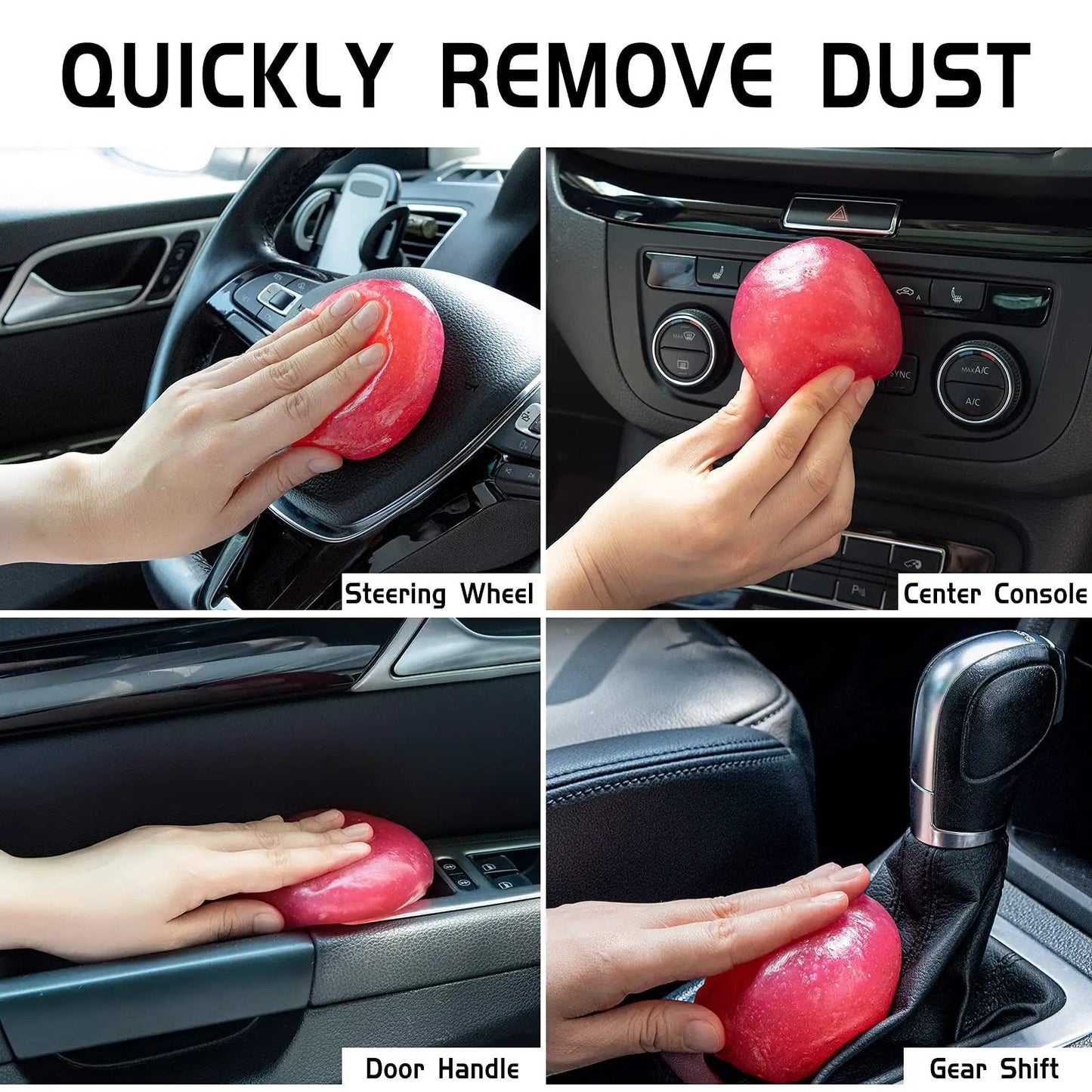 Person using Rose Red Car Cleaning Gel Putty for Detailing And Interior Cleaning Reusable Slime on car dashboard and gear shift.