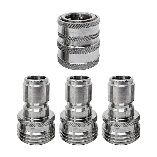4 Piece Garden Hose Pressure Washer Adapter Kit With Three Quarter Inch Quick Connect Fittings MTM Hydro Stainless Steel High Pressure Couplings And Connectors For Easy Hose Swaps