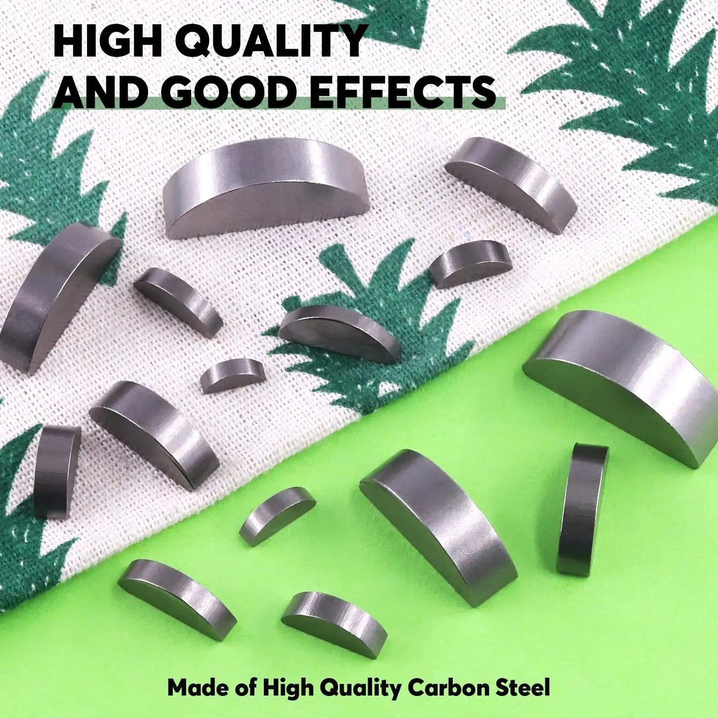 Woodruff Key Assortment Pack 150 Pcs In 15 Metric Sizes Carbon Steel Half Moon Keys displayed on fabric and green surface