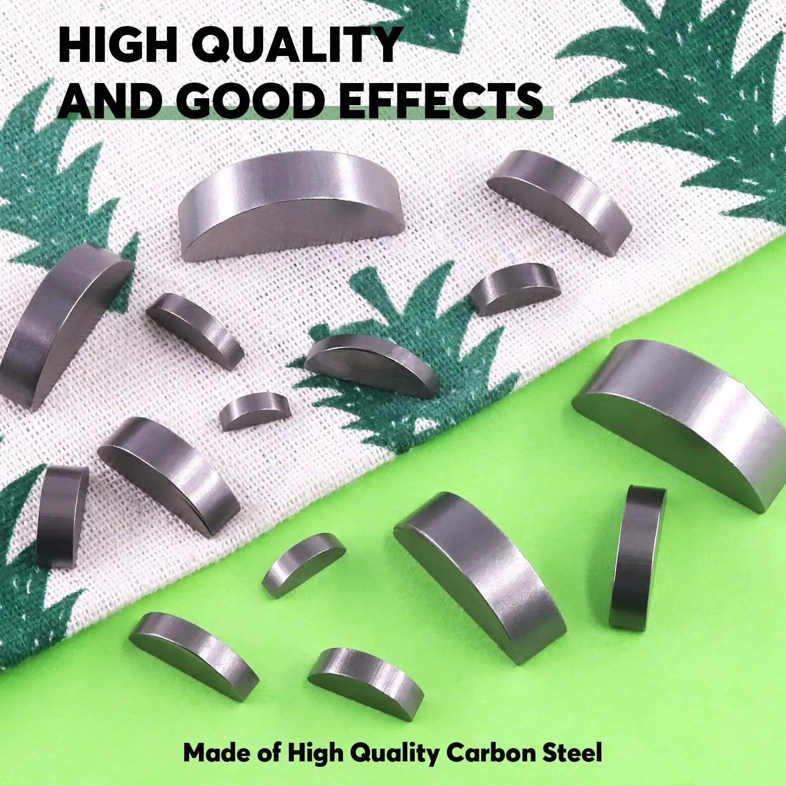 Woodruff Key Assortment Pack 150 Pcs In 15 Metric Sizes Carbon Steel Half Moon Keys displayed on fabric and green surface