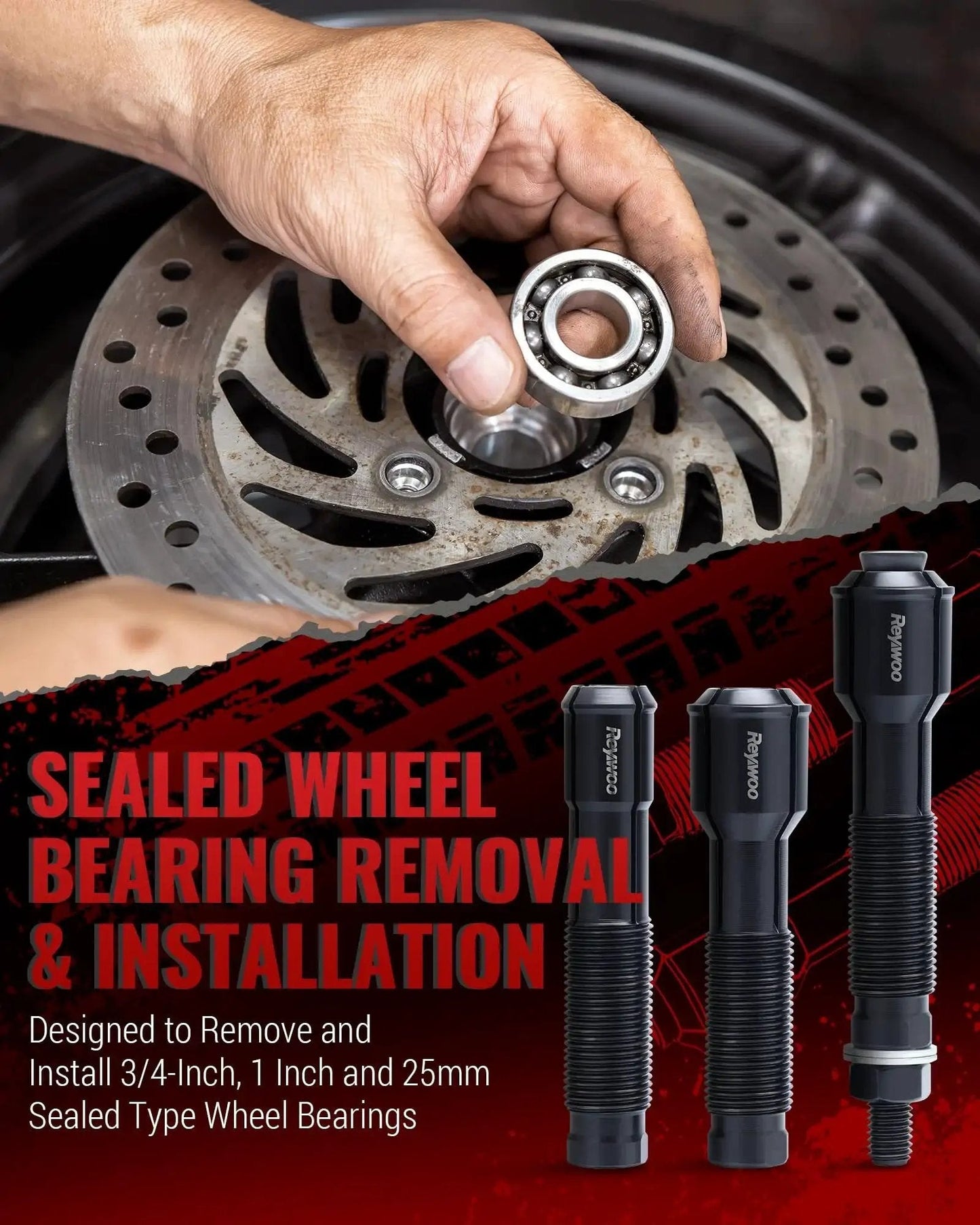 Motorcycle Wheel Bearing Puller Tool Kit For Sealed Bearings Three Quarter Inch 1 Inch And 25mm Removal and Installation shown in use