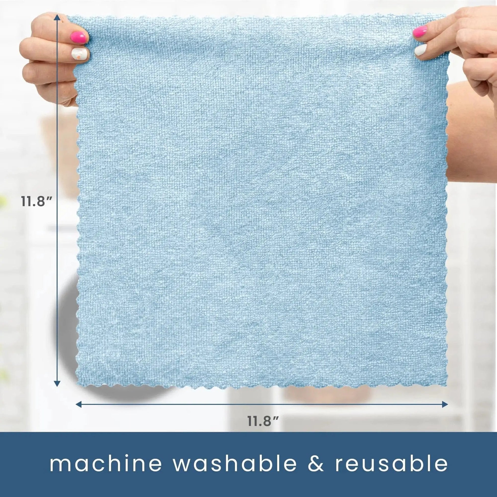 Hands holding a blue microfiber towel 11.8x11.8 inches. Machine washable and reusable. 50 Pack Microfiber Towels 11.8x11.8 In Lint-Free Reusable For Home And Car.