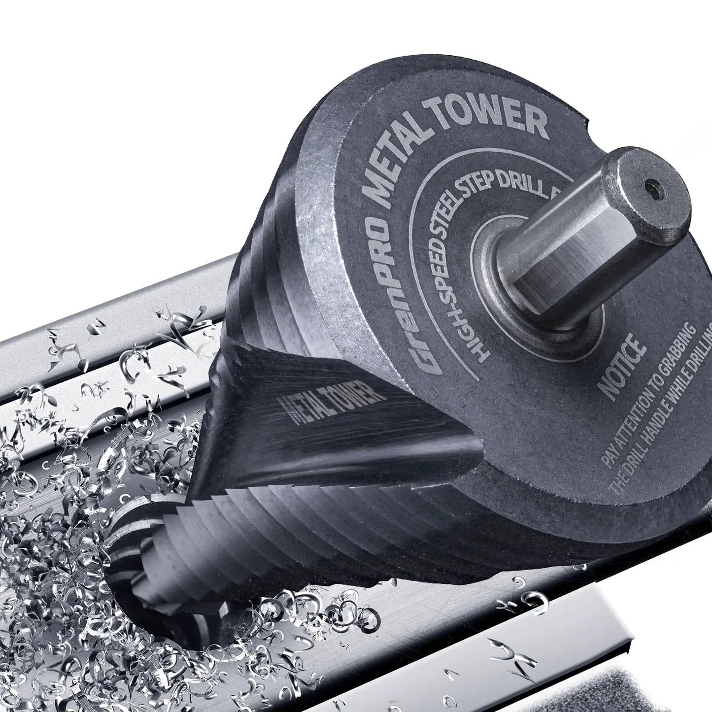 Built Tough Step Drill Bit Set With Fifteen Progressive Steps From One Quarter Inch To Two And One Half Inches M35 HSS Cobalt TiAlN Coating Delivers Sixty Eight Percent Faster Drilling And Four Hundred Fifty Percent Longer Life One Half Inch Shank in use on metal surface