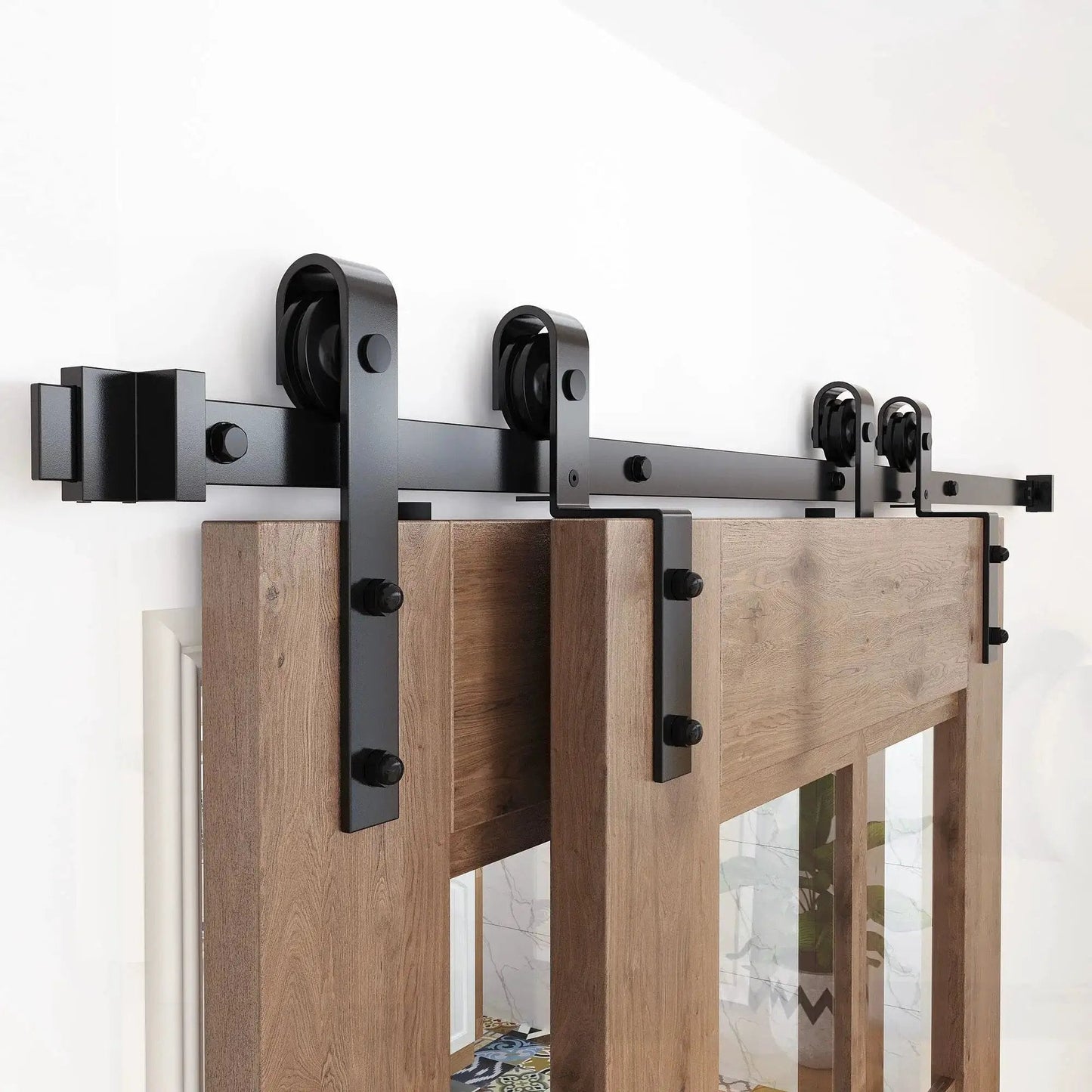 Bypass Barn Door Hardware Kit For 5 Feet Double Wooden Doors With Single Track And Flat Rollers, Low Ceiling Bypass System, Wall Mounted Installation Easy To Fit In Tight Spaces With Only Six Inches Of Ceiling Clearance featuring wood and metal construction