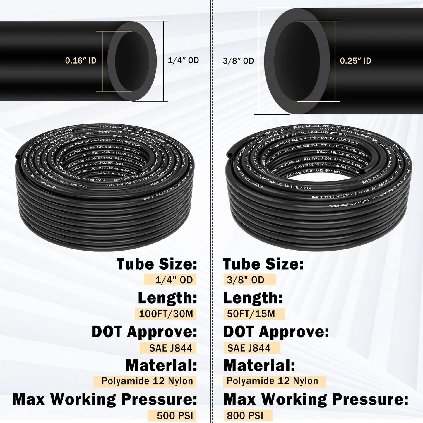 Brass DOT Air Line Fittings Kit CheeMuii 100 Foot One Quarter Inch And 50 Foot Three Eighth Inch Pneumatic Tubing Set