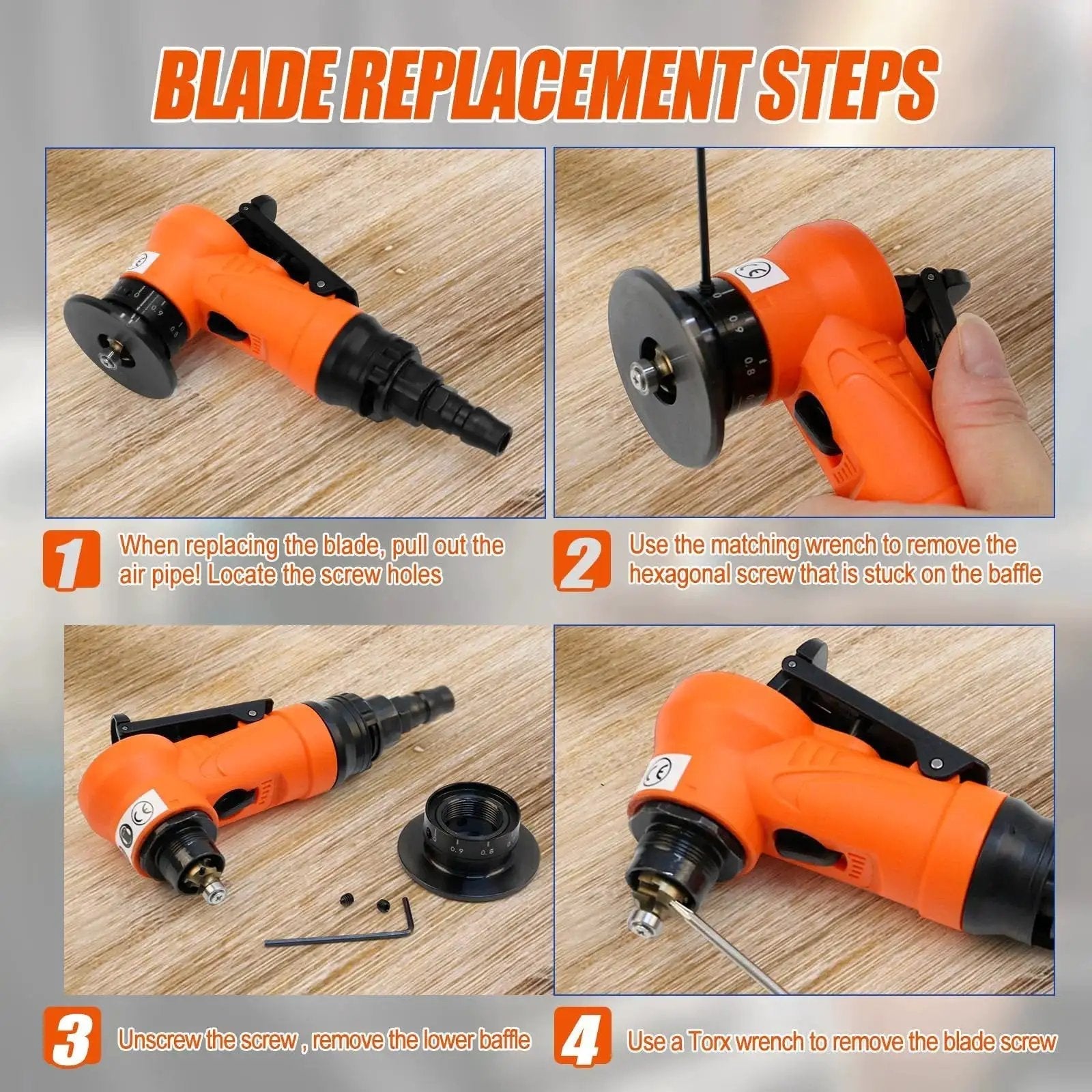 Steps to replace blade on 2 In 1 Mini Pneumatic Chamfering Tool For Right Angles And Round Corners, orange tool with accessories.