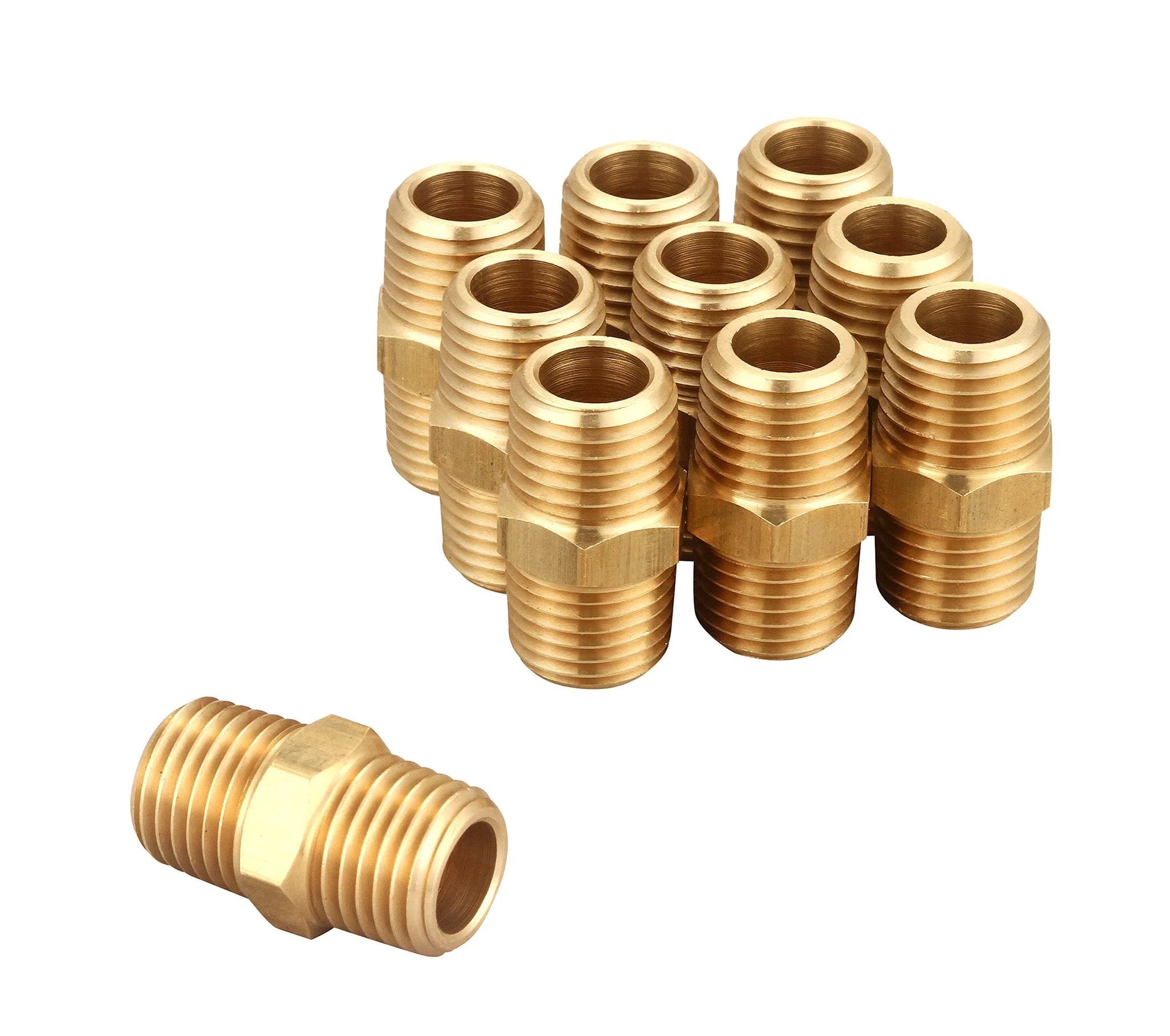 Brass NPT Hex Nipples One Quarter Inch NPT Male To One Quarter Inch NPT Male Pipe Fittings One Half Inch OD To One Half Inch OD Air Hose And Plumbing Connector Kit Ten Piece Set Easy Install For Quick Leak Free Connections, showing ten brass hex nipples with male NPT threading in a set.