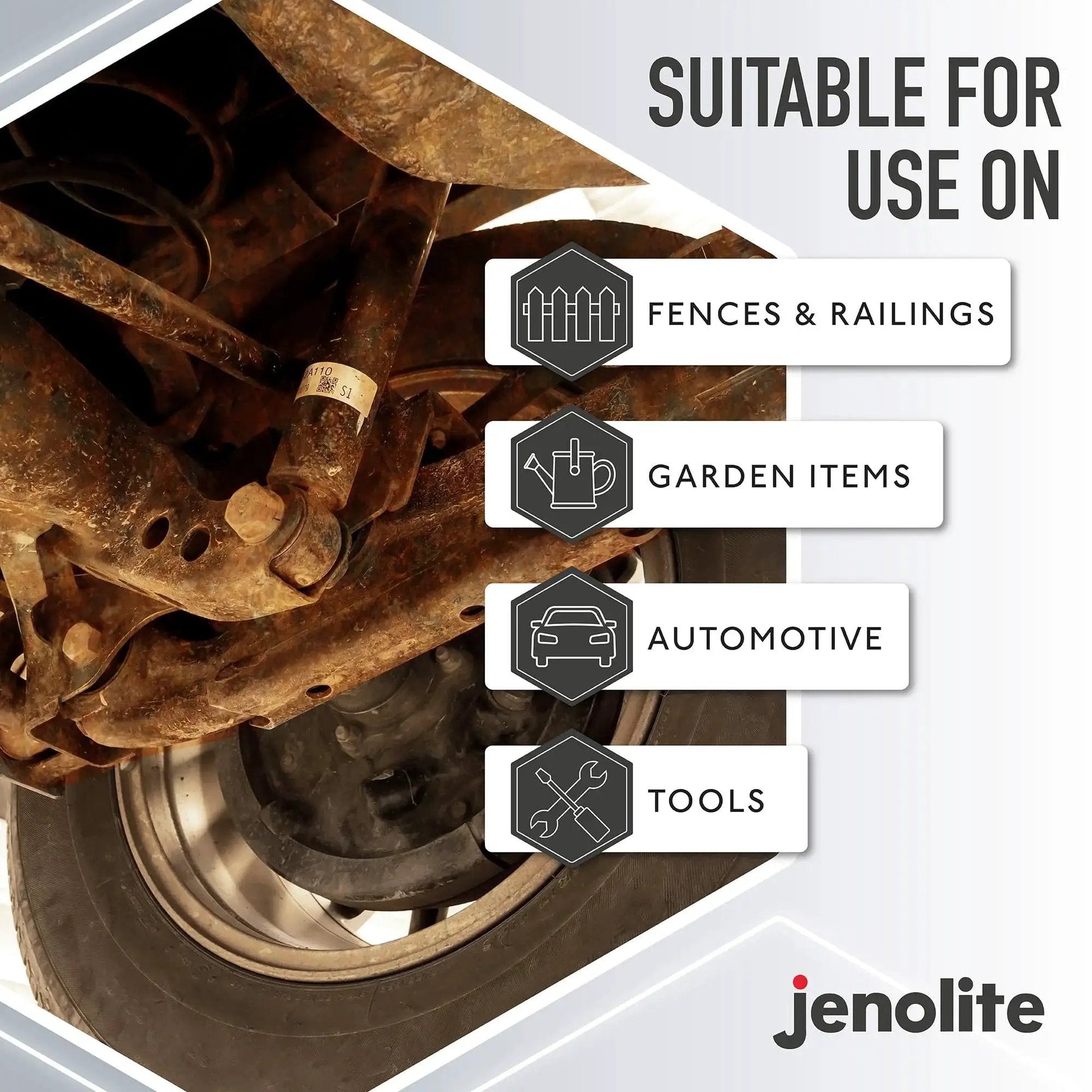 Fast Acting Rust Converter Spray For Metal 400 Ml Epoxy Rust Converter Primer And Inhibitor In One Converts Rust To A No Fuss Paint Ready Surface In About 15 Minutes Jenolite Made In Britain shown suitable for fences, garden items, automotive, and tools.