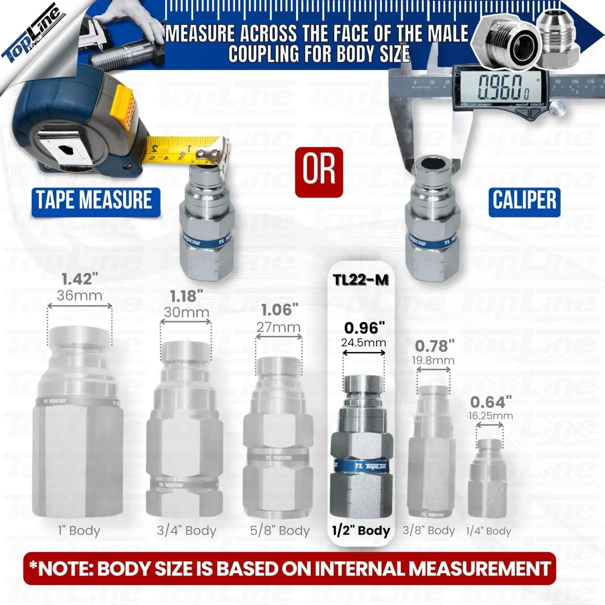 Measuring Flat Face Hydraulic Quick Connect Coupler Set sizes with tape measure and caliper, includes TL22-M for skid steer attachments.
