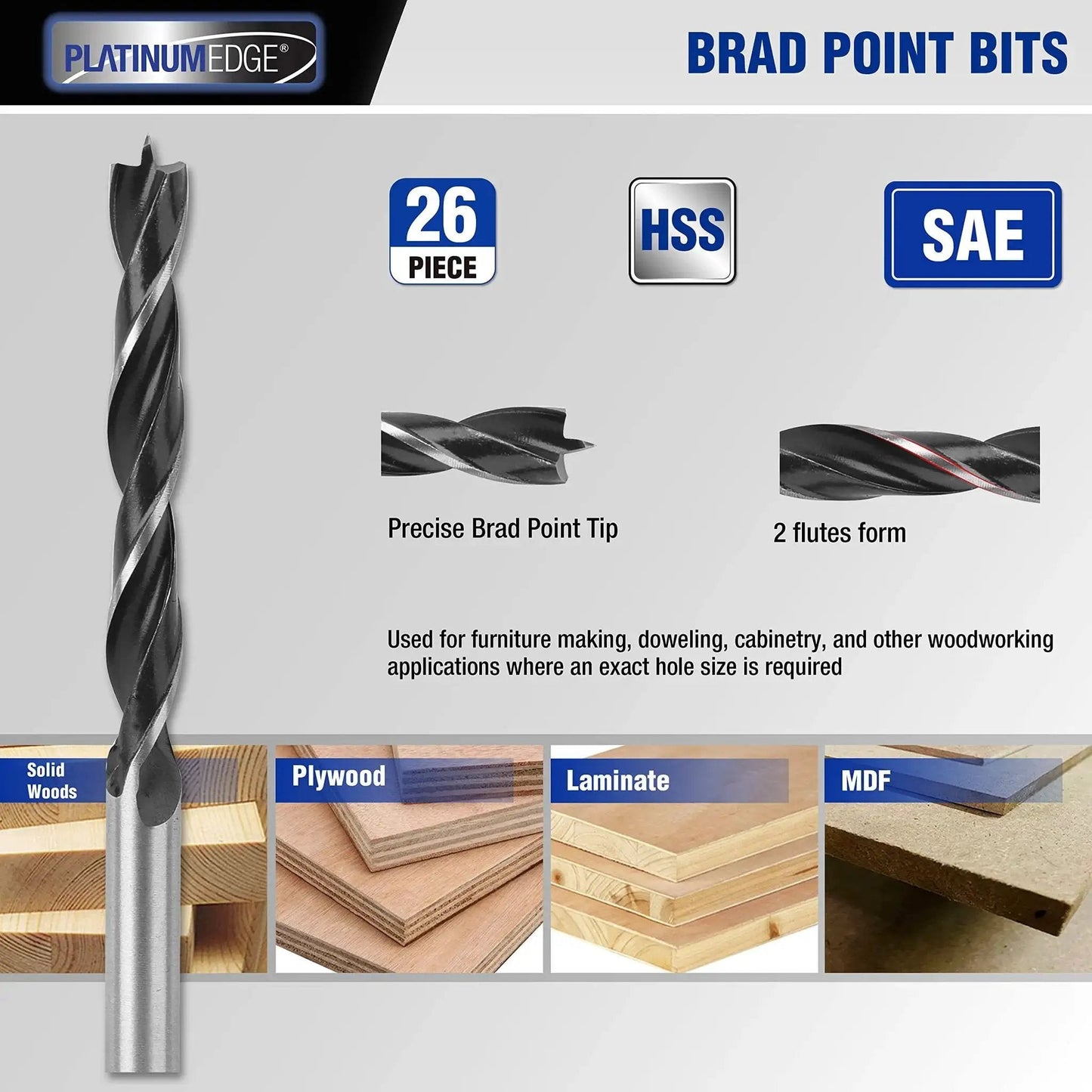 Close-up of brad point drill bit with precise tip, part of All In One 140 Piece Drill Bit Set in storage case for builders and DIYers.