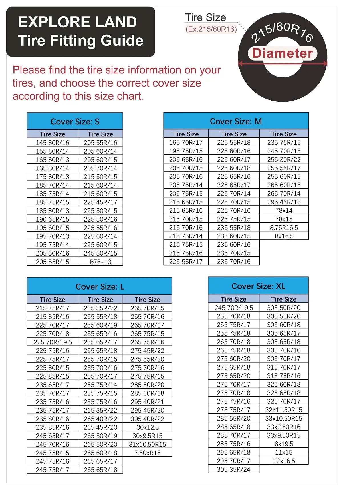 Tire fitting guide chart for Seasonal Tire Covers Bag Set With Handles For Spare Tires By Explore Land, listing sizes S to XL.