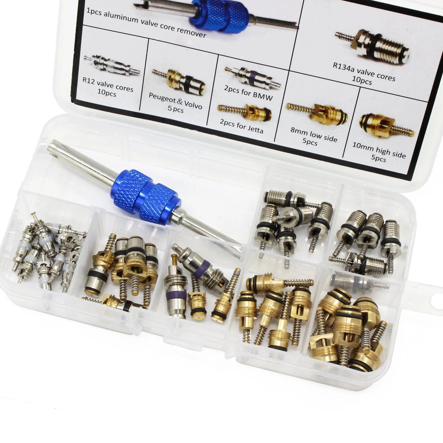 Pro Grade 40 Pc Car Air Conditioning Valve Core Kit For R12 R134a Refrigerant Systems With Double Head Dismantling Remover Tools Assortment