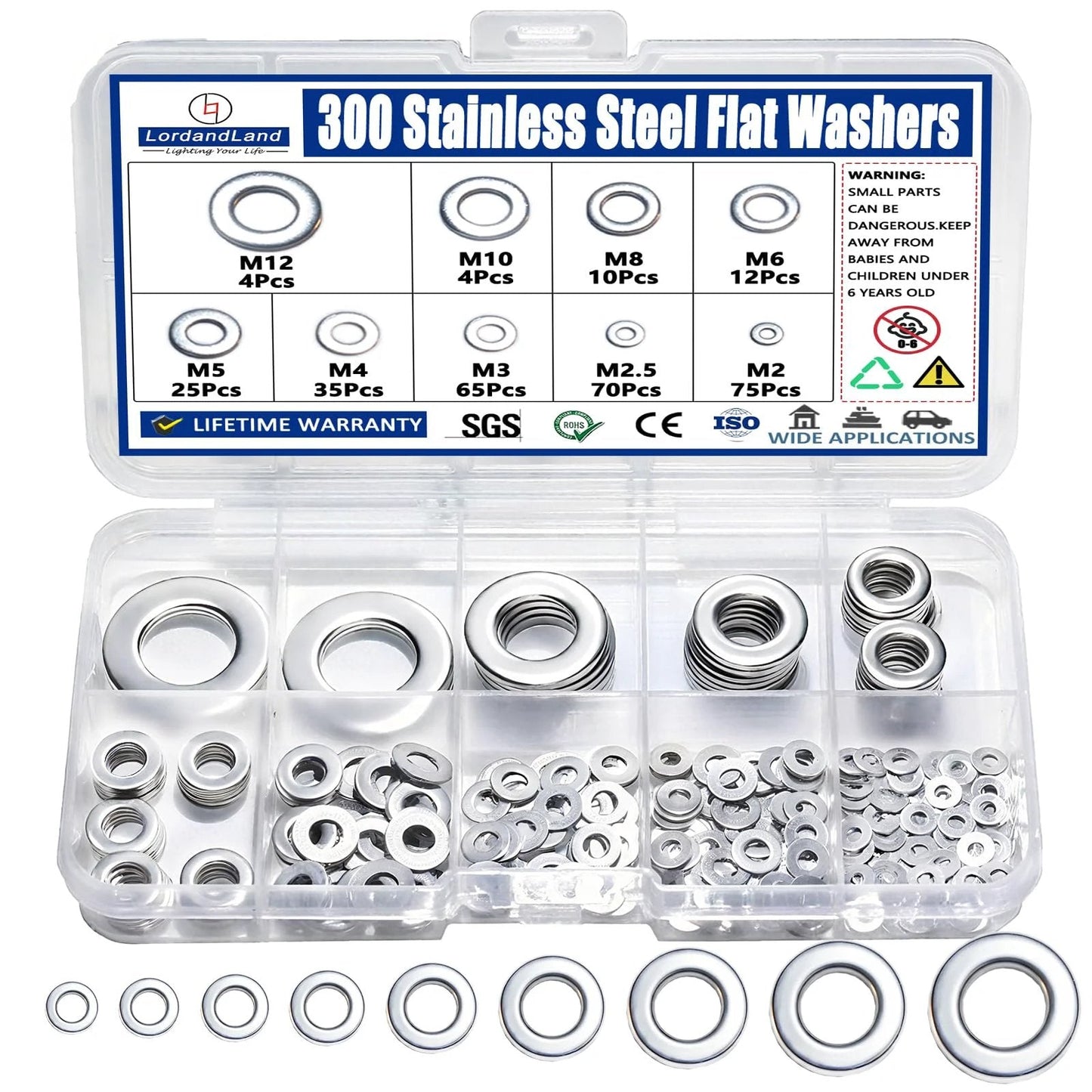 300 Pieces Stainless Steel Flat Washers For Screws And Bolts, 304 Stainless Steel, Assorted Sizes M2, M2.5, M3, M4, M5, M6, M8, M10, M12, 9 Sizes, Pro Grade Set For Fasteners And DIY Projects