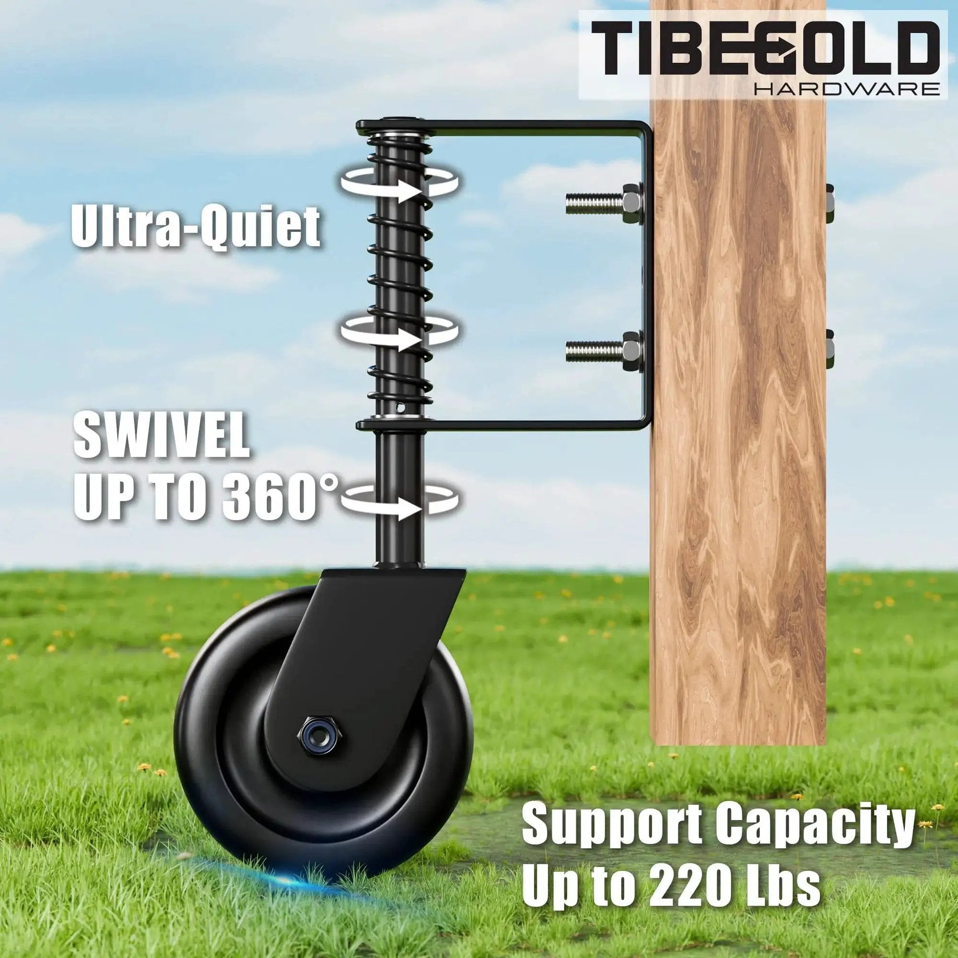 Heavy Duty 4.3 Inch Gate Wheel Casters for Outdoor Wooden Gates and Fences attached to wooden gate, black finish, 360 degree swivel.