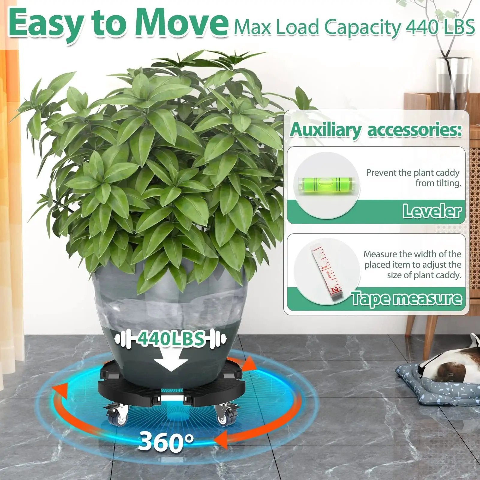 Lockable Wheel Plant Caddy showing a heavy plant in a pot on adjustable base with 440 lbs capacity indoors, highlighting 360-degree movement and accessories.