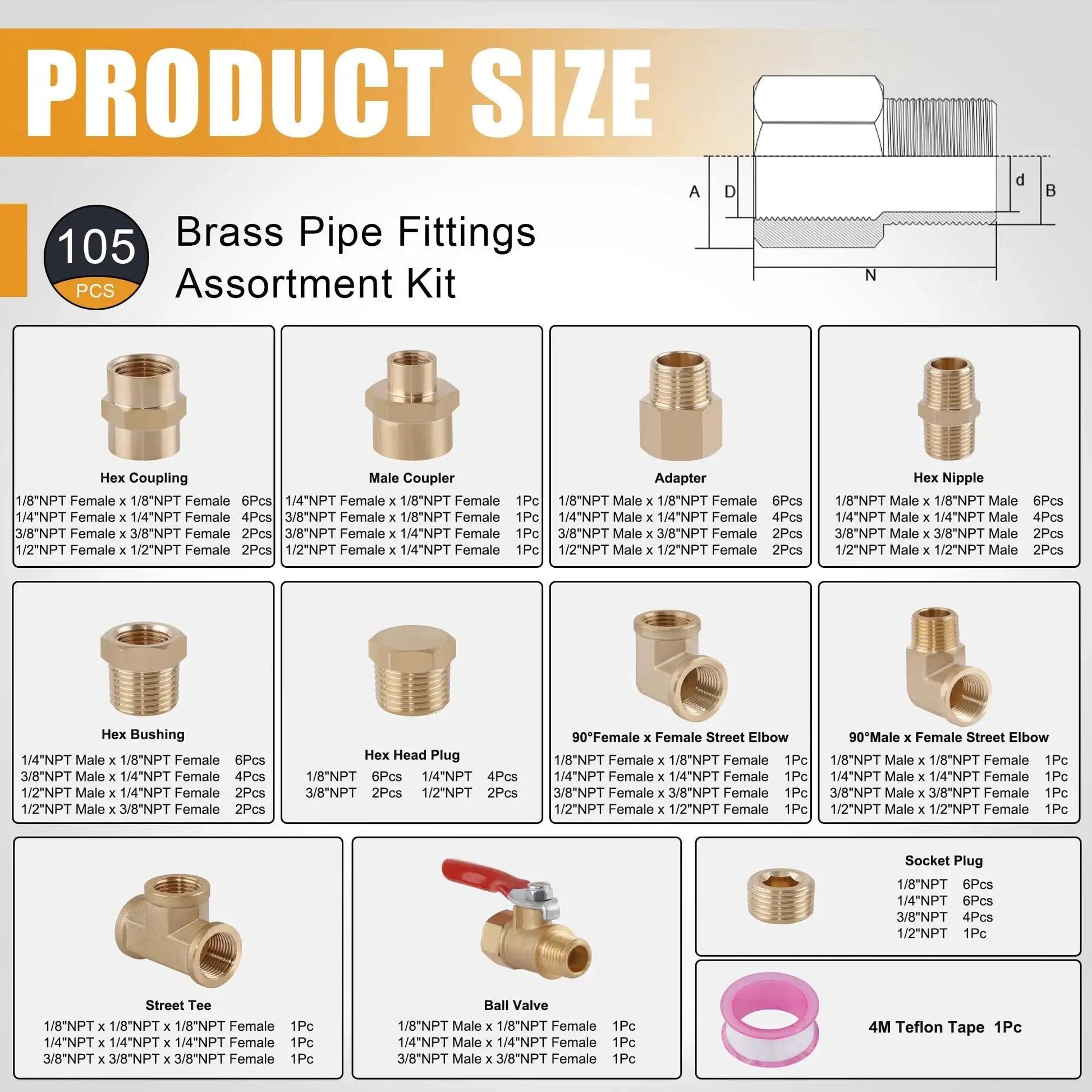 105 Piece Brass Pipe Fittings Set With NPT Adapters, Hex Nipples, Couplings, Elbows, Tees, Ball Valve, Plugs, Socket Plugs, Home Improvement Kit