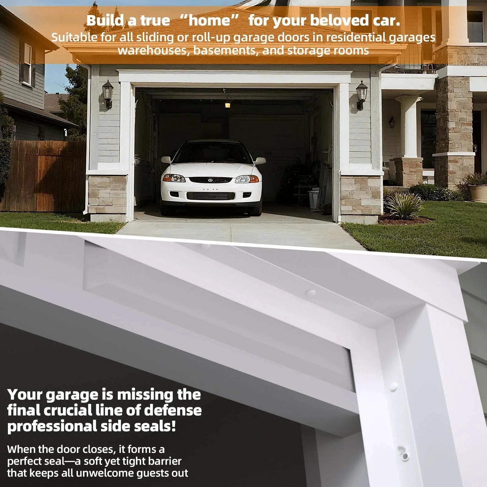 Universal 40 Ft TPE Garage Door Seal Top And Sides For Weatherproofing installed on residential garage in white finish