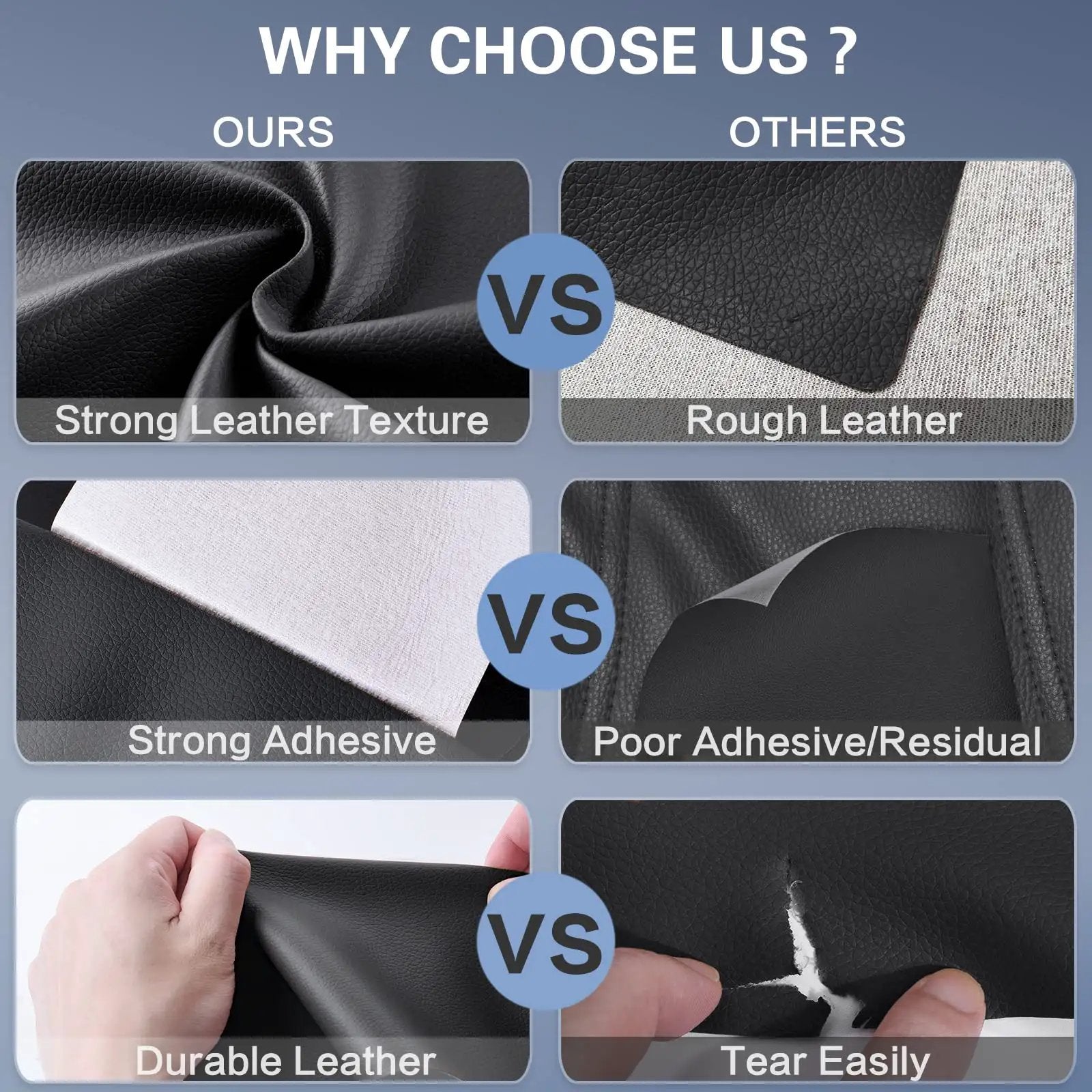 Leather Repair Patch Kit 4x63 Inch Self Adhesive Tape For Furniture And Car Seats Black texture comparison, showing strong leather and adhesive quality.