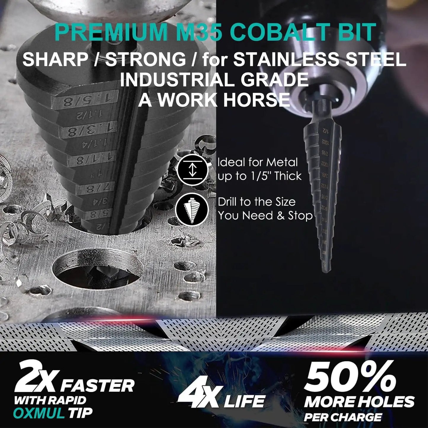 Pro Grade Step Drill Bit Set For Steel And Metal With M35 Cobalt 13 Step Holes One And Five Eighths Inch Two Straight Flutes Extra Heavy Duty