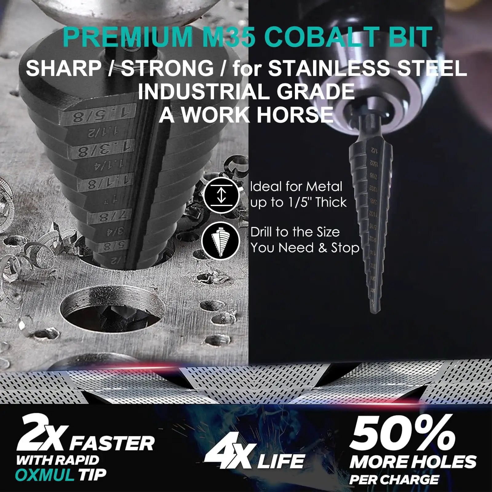 Pro Grade Step Drill Bit Set For Steel And Metal With M35 Cobalt 13 Step Holes One And Five Eighths Inch Two Straight Flutes Extra Heavy Duty