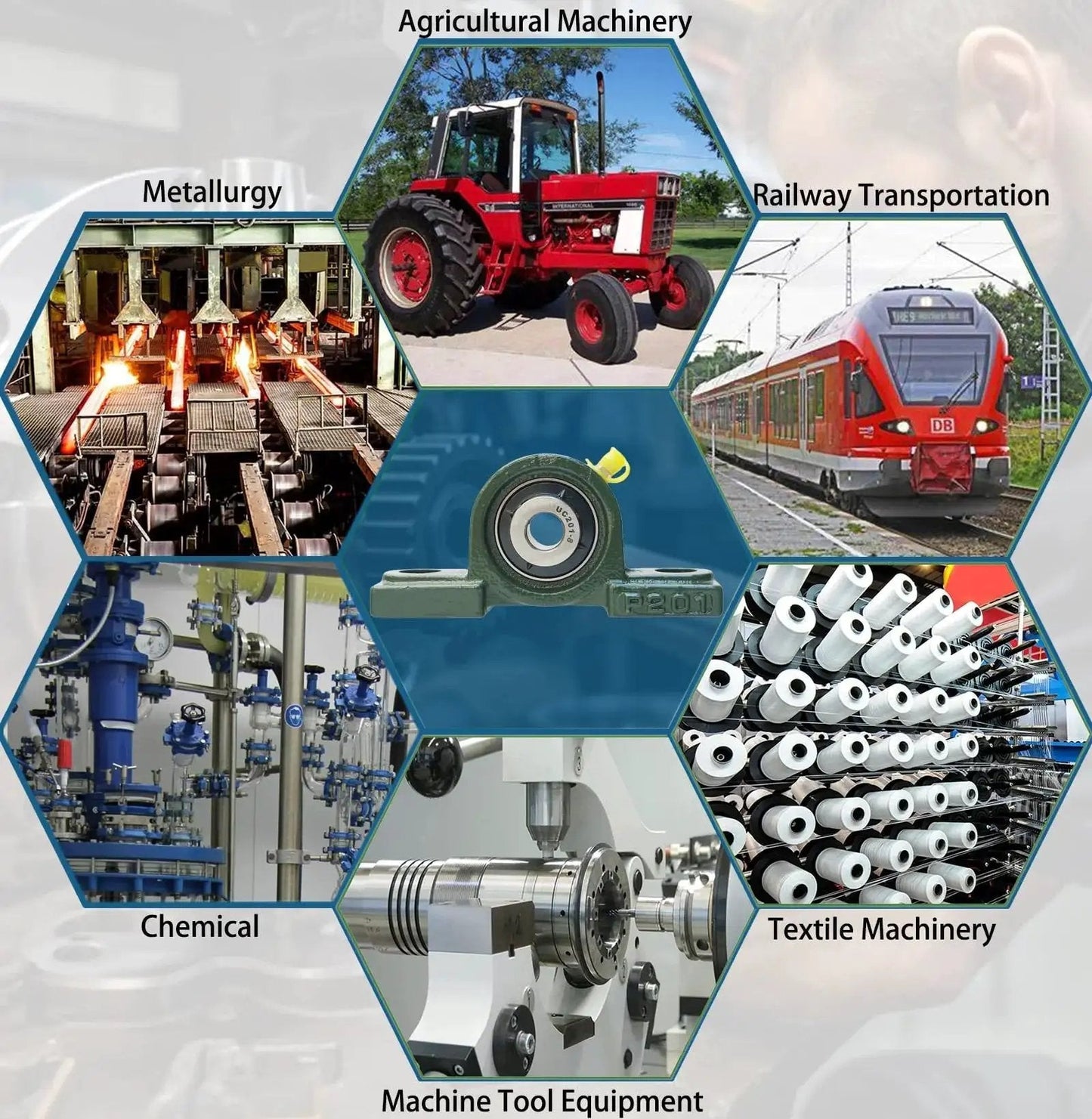 4 Pack UCP201-8 Pillow Block Mounted Ball Bearings With One Half Inch Bore, Solid Cast Iron Base, Self Aligning depicted in various machinery applications