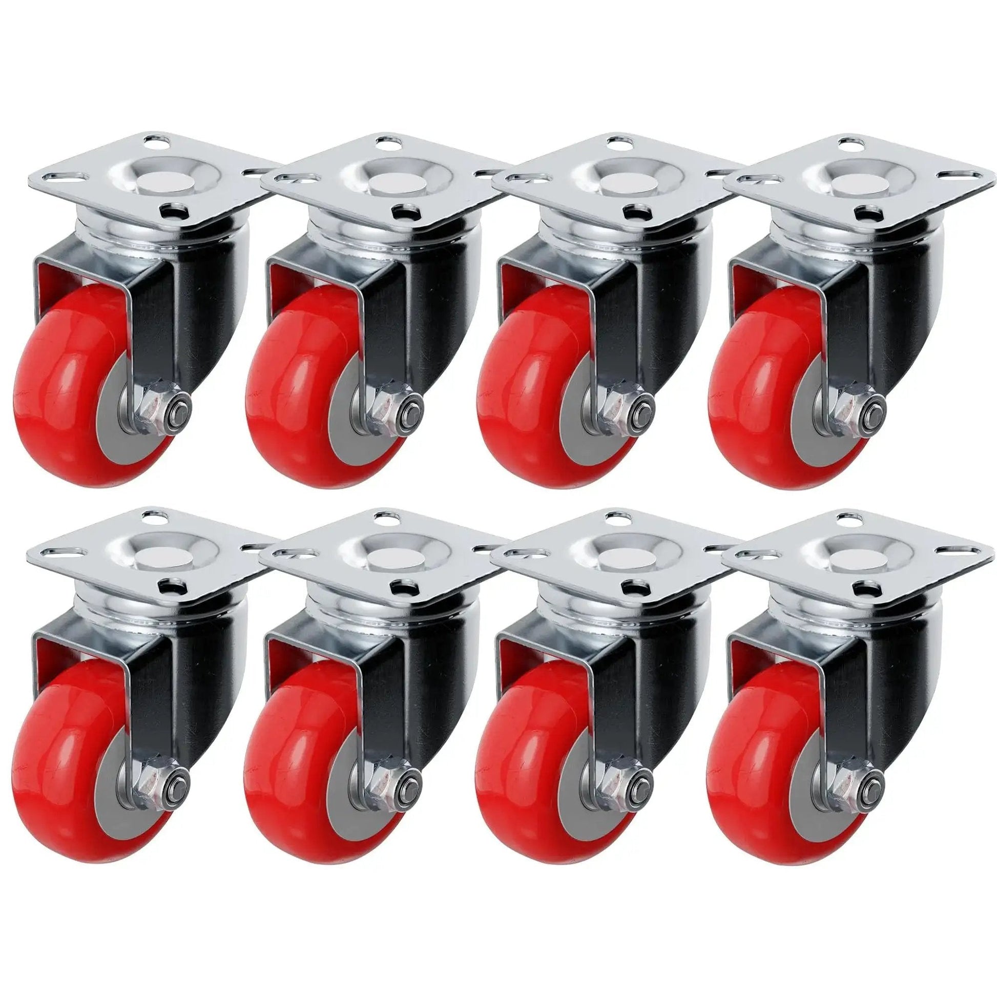 Eight Pack 2 Inch Swivel Plate Caster Wheels Red Polyurethane No Brake Casters With 50mm Plate And 33mm Hole Centers Designed For Carts Furniture And Equipment Mobility Heavy Duty Utility Grade For Home Garage And Workshop Use