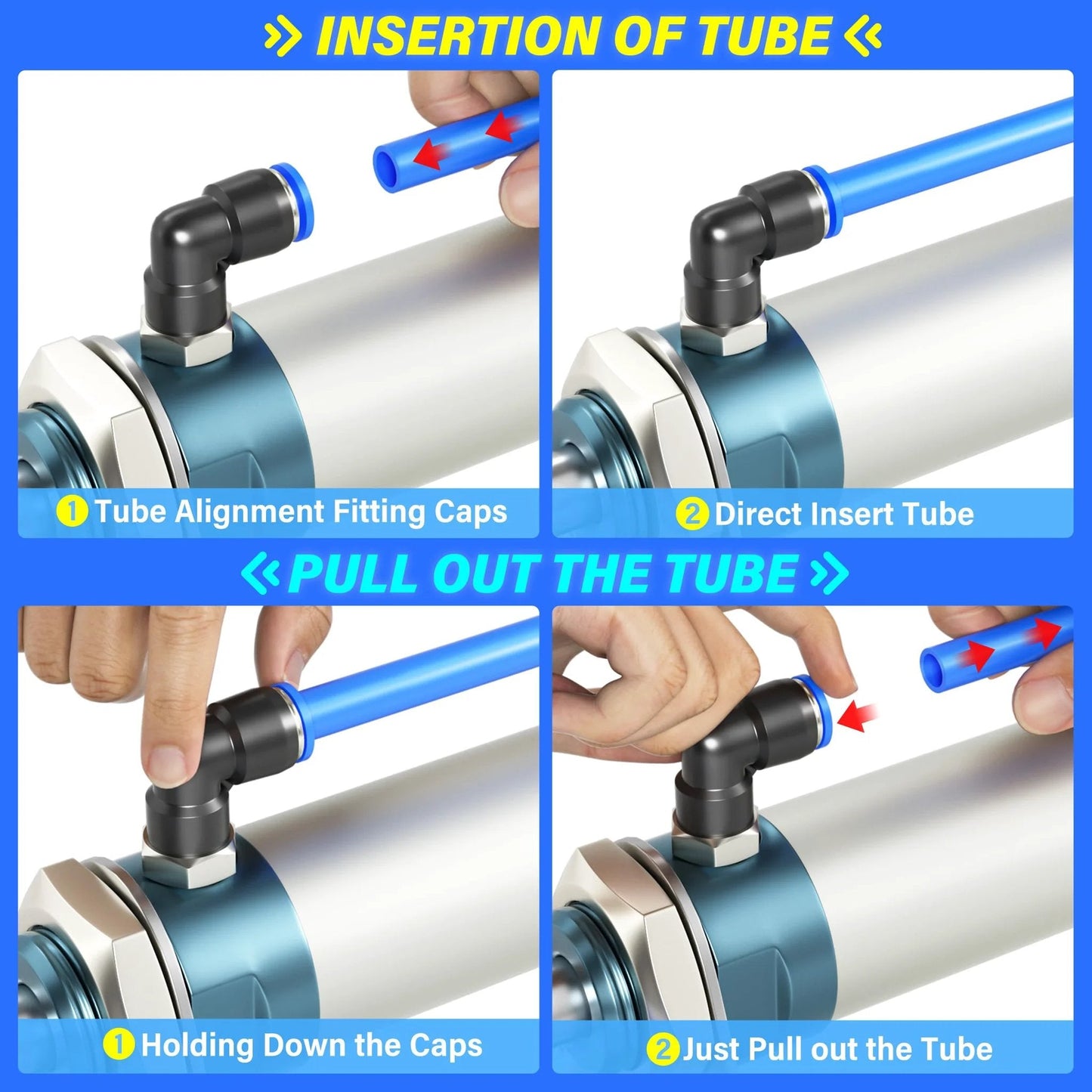 Steps showing how to insert and remove tubing using Blue 6mm OD 4mm ID Polyurethane Air Hose Kit With 10 Meter Length And DIY Friendly Pro Grade Heavy Duty Fittings Tees Elbows Y Splitters Unions And Thread Adapters For One Eighth And One Quarter Inch PT Tailonz Pneumatic.