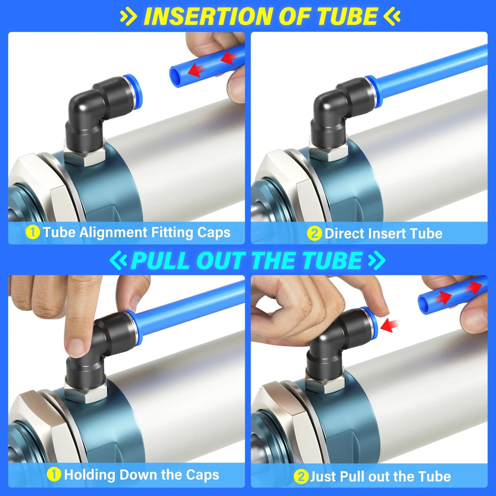Steps showing how to insert and remove tubing using Blue 6mm OD 4mm ID Polyurethane Air Hose Kit With 10 Meter Length And DIY Friendly Pro Grade Heavy Duty Fittings Tees Elbows Y Splitters Unions And Thread Adapters For One Eighth And One Quarter Inch PT Tailonz Pneumatic.