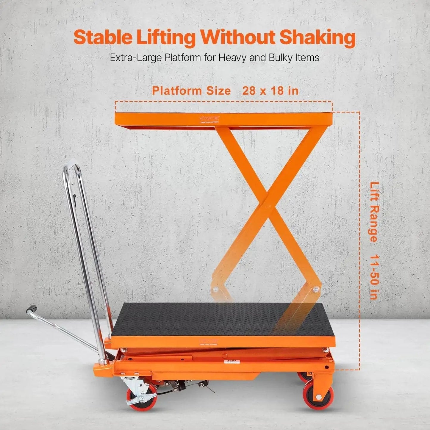 Manual Hydraulic Lift Table Cart 330lb Capacity 50in Lift With 4 Wheels shown with stable lifting and platform size details