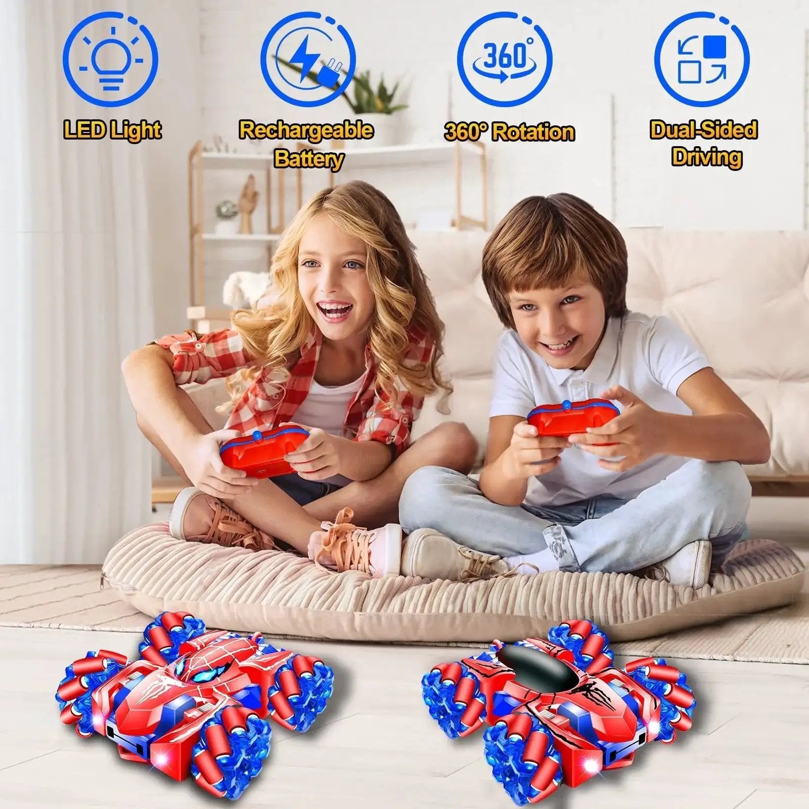 Kids playing with Kids 2.4GHz Rechargeable RC Car With 360 Degree Rotating Dual Side Driving 4WD Stunt Vehicle With Totally Cool Lights indoors