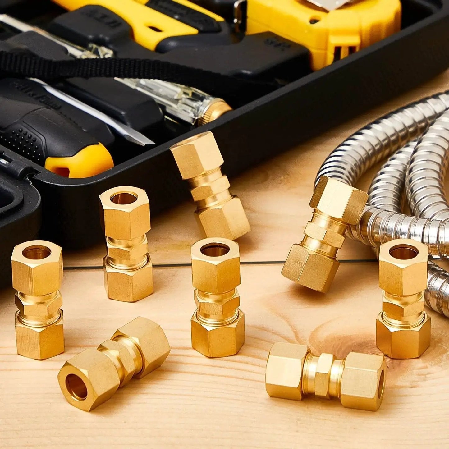 4 Pack Brass Compression Tube Fittings 3/8 Inch OD Union Connectors for copper, aluminum, and plastic tubing displayed with tools.