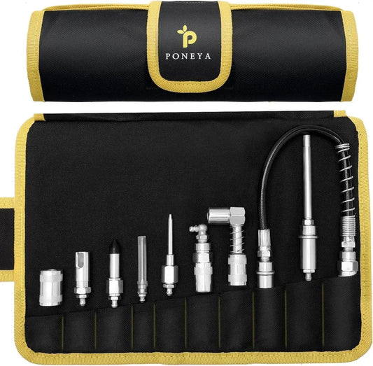 Grease Gun Coupler Kit With 9 Pieces Quick Connect Greasing Accessories 12 Inch Flex Hose And Roll Up Case For Reaching Any Grease Fitting One Eighth Inch NPT Thread Zerk Fittings Perfect For Quick Release Couplers in rolled-out position
