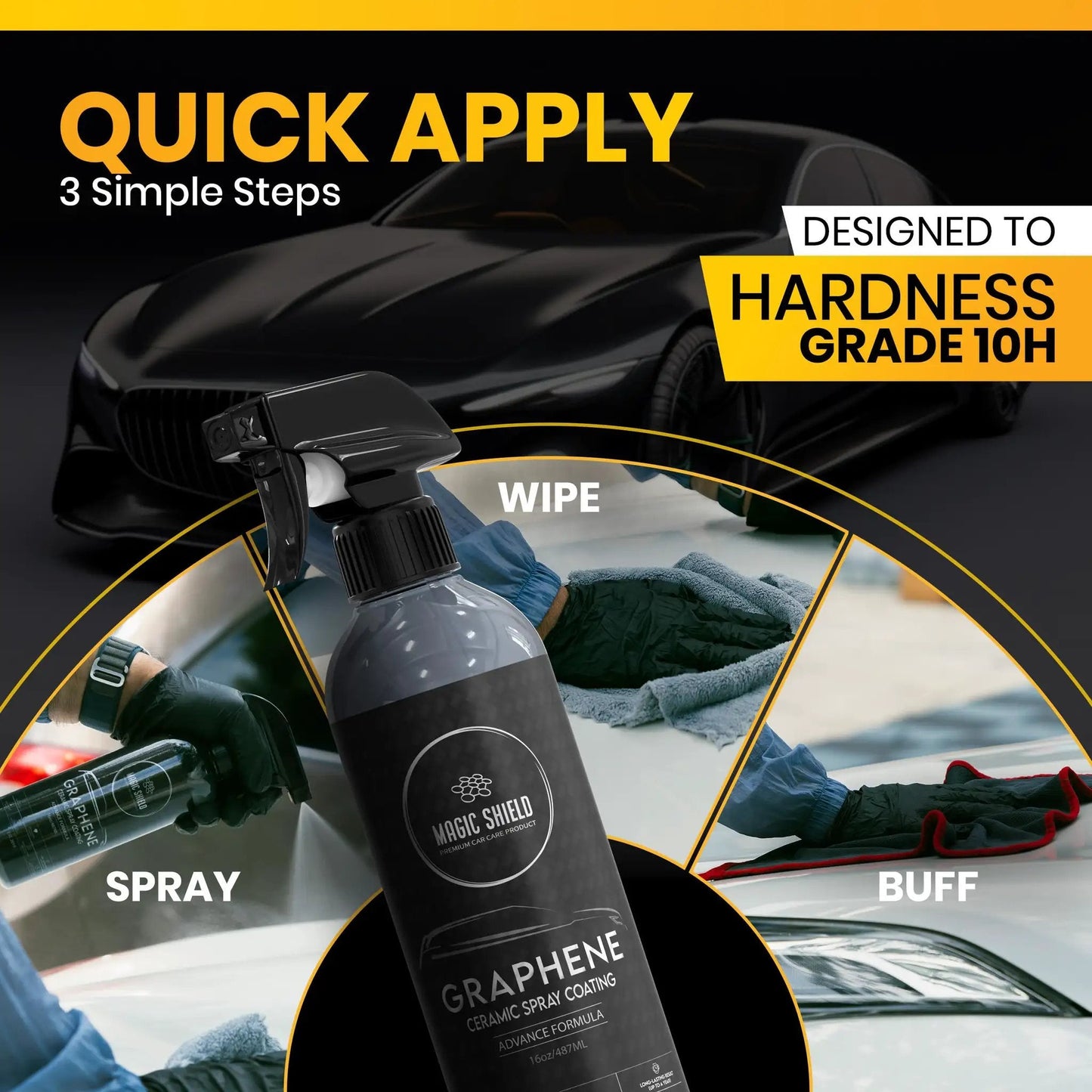 Long Lasting Graphene Ceramic Spray Coating For Cars, Motorcycles, Boats And More, 16oz bottle with spray trigger and application steps.