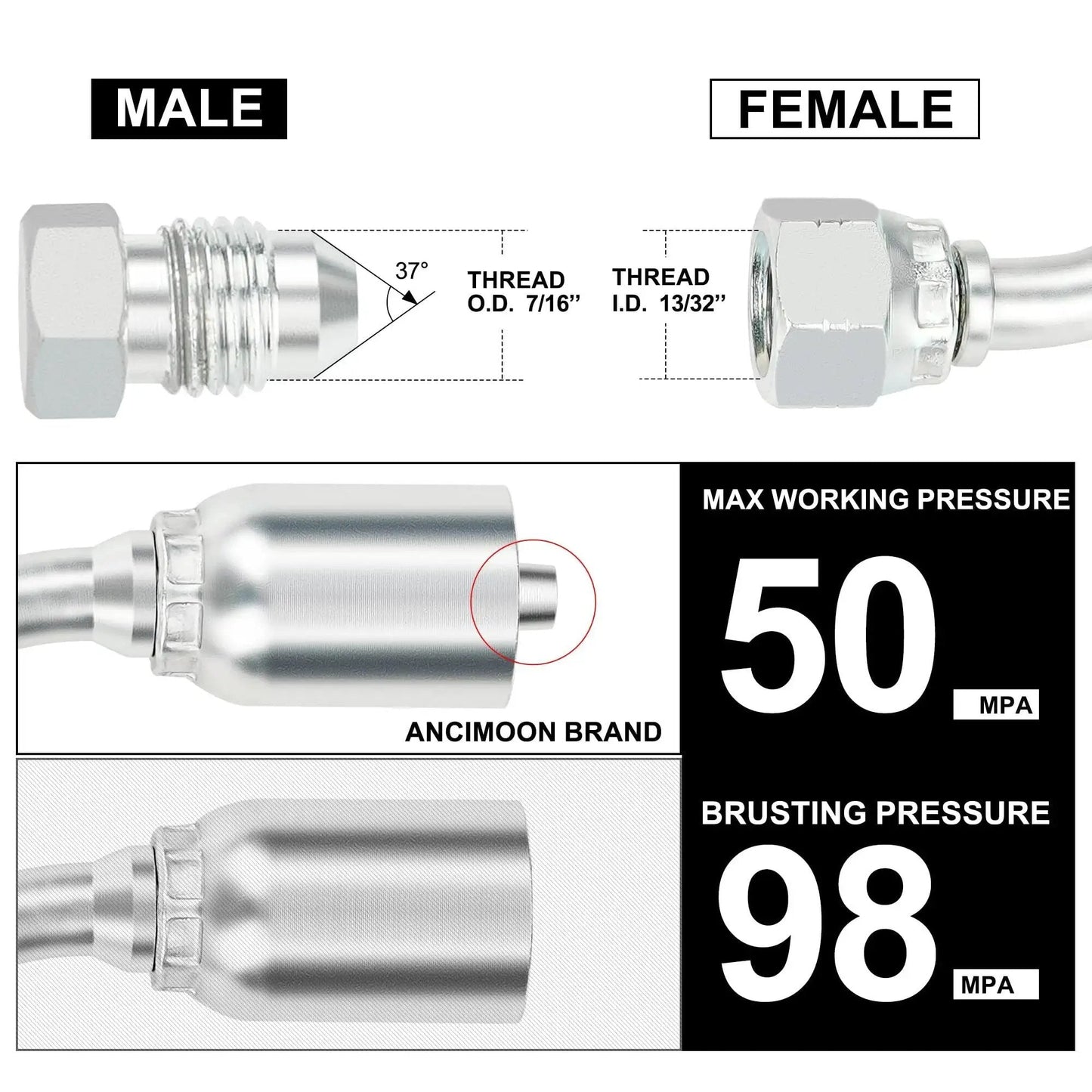 Quarter Inch Hydraulic Fittings 90 Degree JIC Hose Crimp Kit, male and female swivel ends, ANCIMOON brand, pressure specs shown